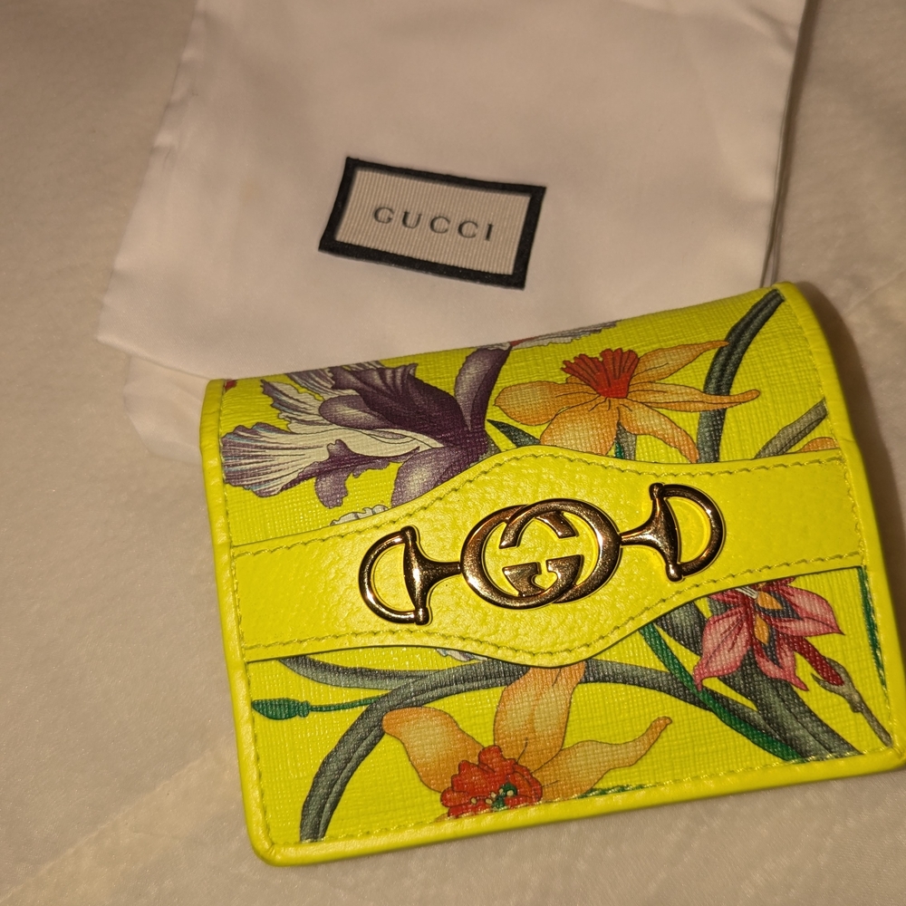 Gucci Yellow Floral Leather Card Holder with Gold Double G